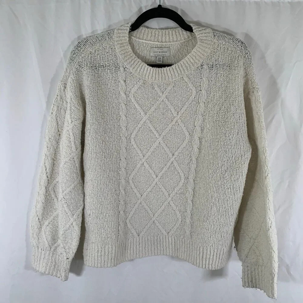 Lucky Brand Sweater Women's Medium White Knit Long Sleeve Cotton Blend